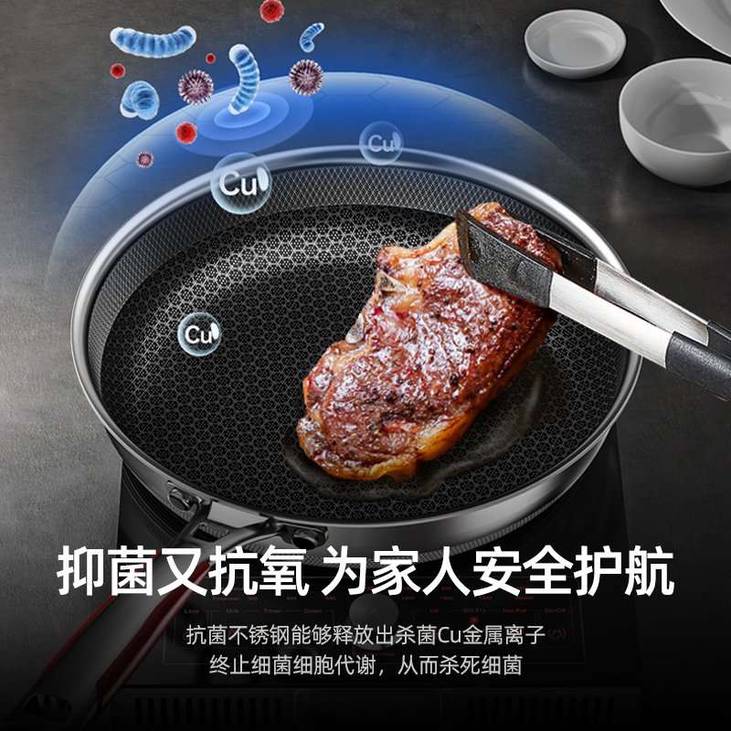 康巴赫第五代煎锅抗菌不锈钢平底锅不粘锅5代蜂窝双面花纹煎盘煎蛋牛扒盘电磁炉燃气灶通用