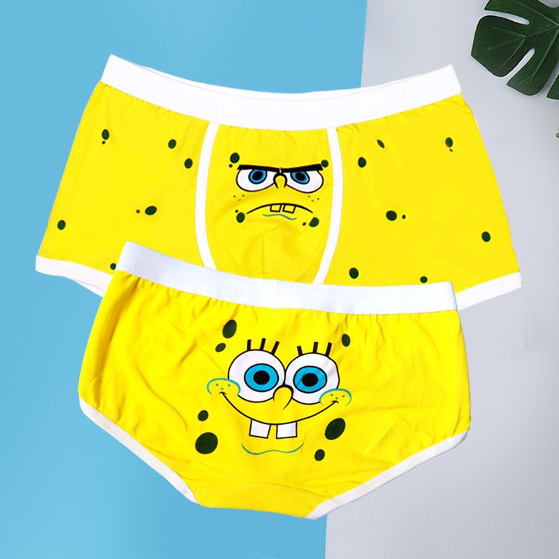 2条装海绵宝宝情侣内裤棉卡通男士平角裤女生低腰青年可爱短裤黄色