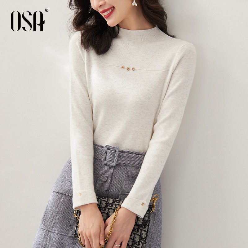 OSA欧莎白色长袖半高领针织打底衫上衣女秋冬2021年新款内搭毛衣