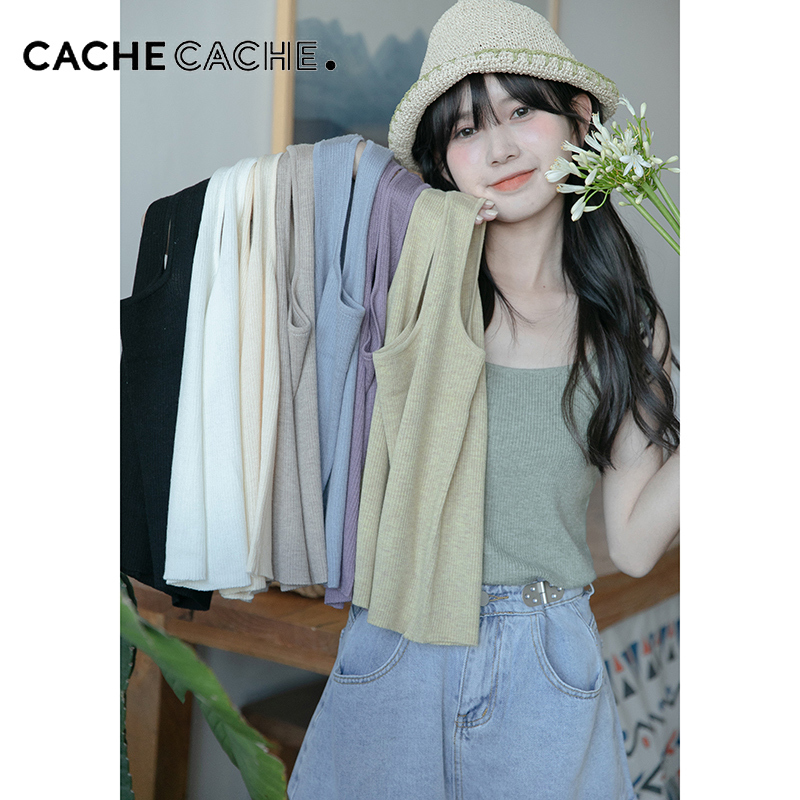 CACHE纯色打底针织背心吊带女2022日系甜美时尚修身内搭短款上衣