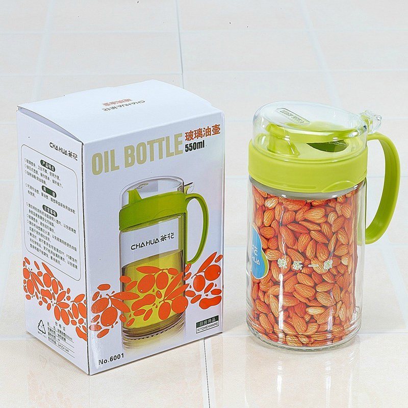 茶花油壶玻璃防漏厨房用品塑料油罐酱油瓶醋瓶醋壶大号油瓶6001 湖蓝色 550ML玻璃瓶身