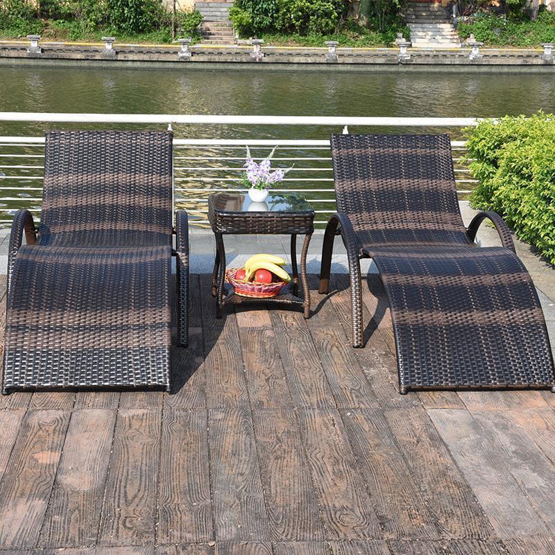 森美人户外躺床庭院编织躺椅防水防晒泳池沙滩椅休闲花园室外藤椅沙发床 C款躺床*2+茶几【不含垫】