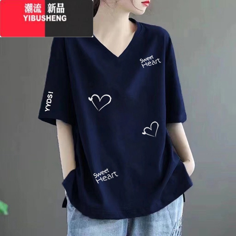 YIBUSHENG2024新款短袖V领t恤女季大码宽松胖mm显瘦外穿遮肉时尚上衣高清大图