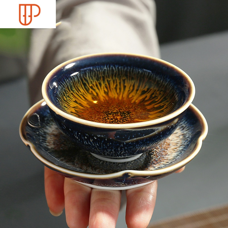 景德鎮天目釉建盏茶杯功夫茶杯品茗杯主人杯陶瓷单杯个人茶杯茶具 国泰家和 0873-单个天目釉曜变18号杯(简约装)