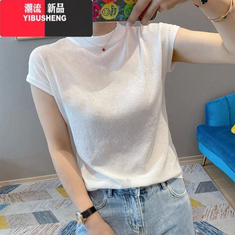 YIBUSHENG欧货白色t恤女季短袖漂亮时尚冰丝针织衫小众内搭上衣2024新款高清大图