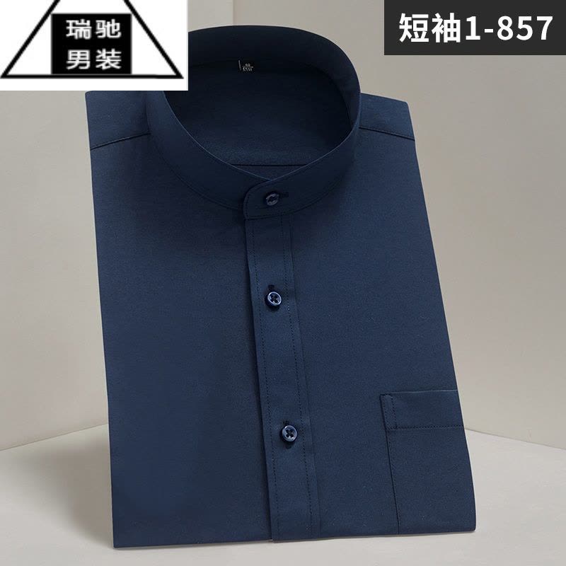 希杰狮王中华立领衬衫男短袖白色商务正装加大中国风中山装圆领半袖衬衣男图片