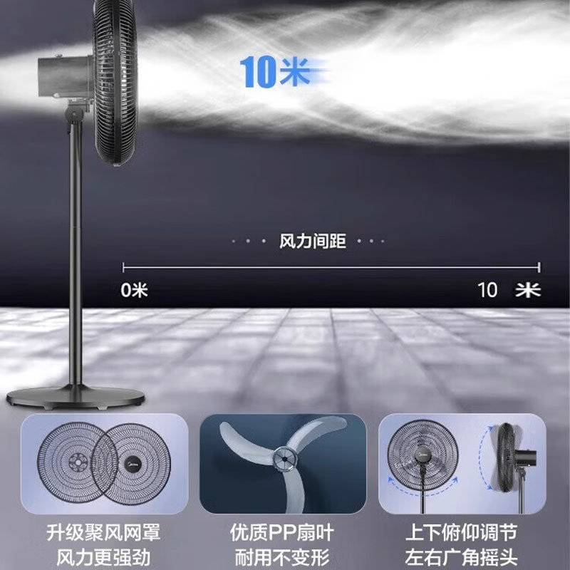 美的(Midea)FS45-23C电风扇落地扇家用轻音工业风扇强力摇头立式大风力纯铜牛角扇