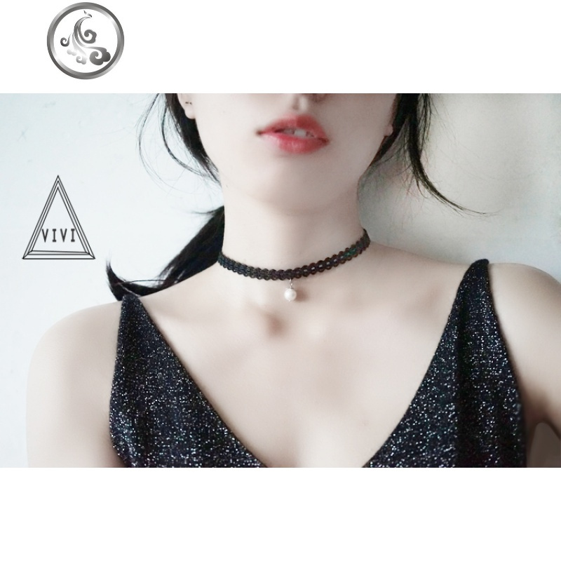 黑色脖链脖子饰品项圈女锁骨项链蕾丝颈链颈带韩国短款简约choker_2 X款+贝珠
