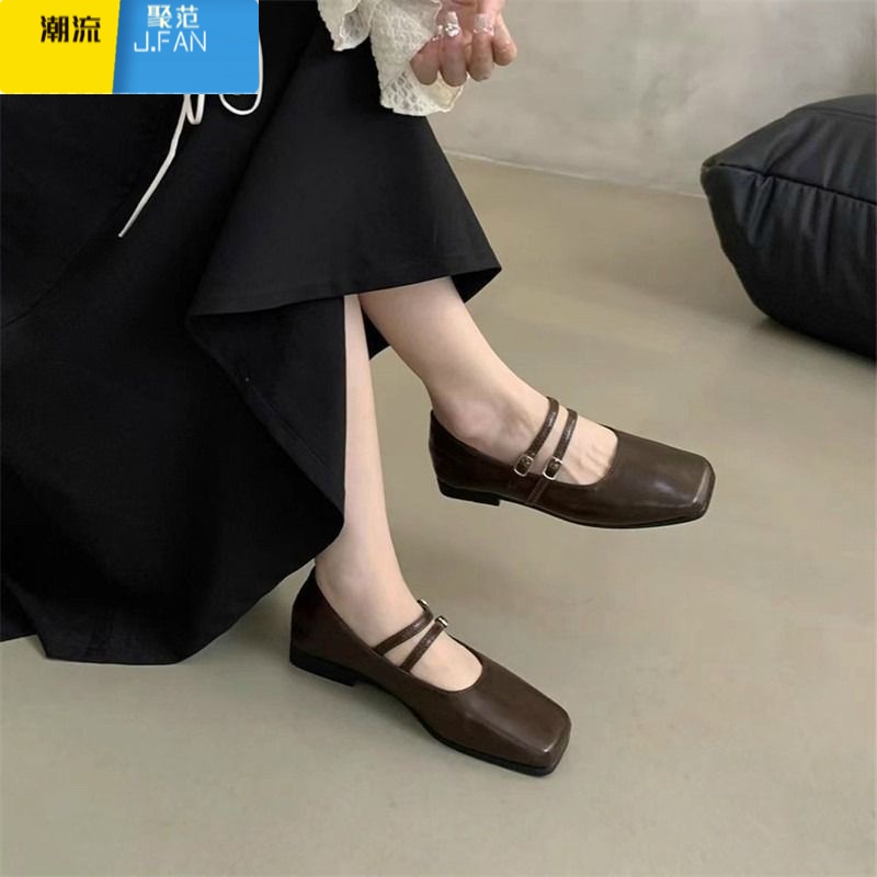 聚范法式晚风银色单鞋女2024夏新款百搭平底气质配裙子方头玛丽珍女鞋高清大图