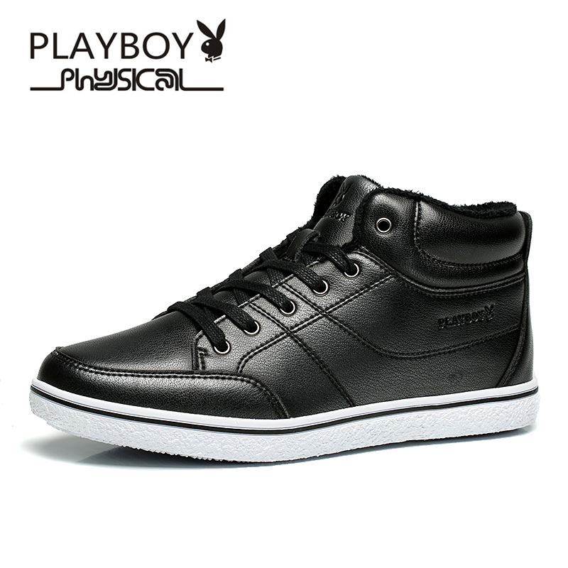 花花公子(PLAYBOY)冬季新款男鞋高帮复古英伦休闲板鞋男圆头男士商务鞋男加绒棉鞋 男