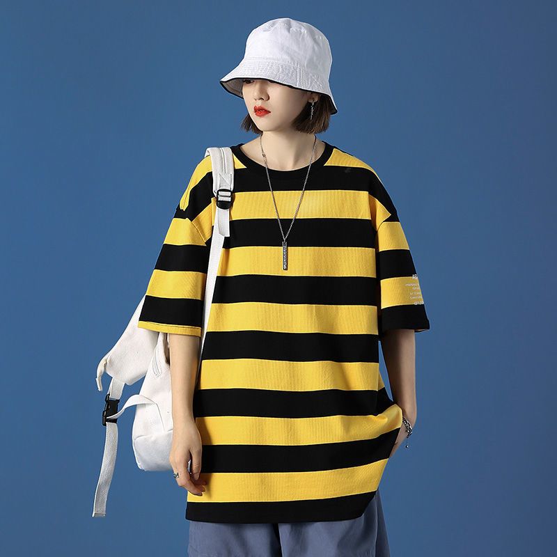 真维斯纯棉条纹短袖女2022新款港风宽松圆领上衣打底衫百搭潮流