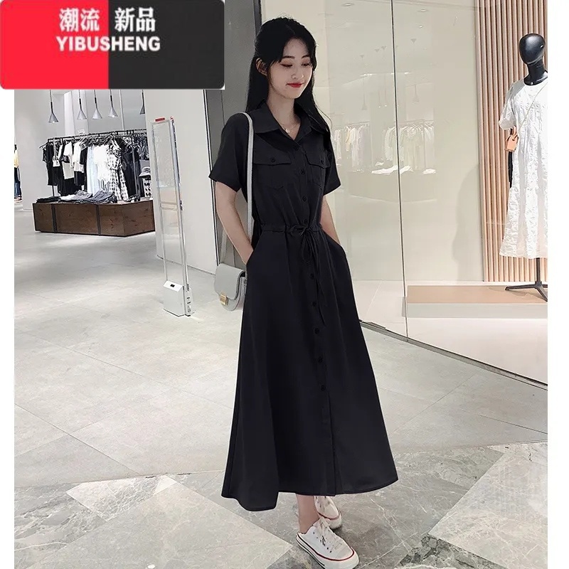 YIBUSHENG连衣裙女短袖季2024系带收腰显瘦休闲气质森系初恋衬衫过膝长恋高清大图