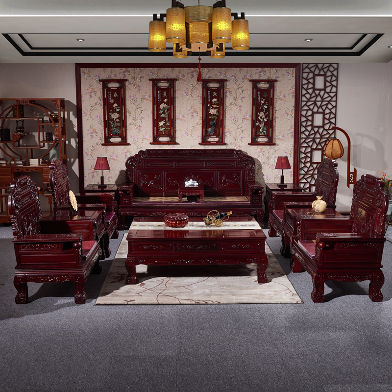 琪梦红木家具非洲酸枝木简约沙发古典雕花中式客厅沙发组合 七件套