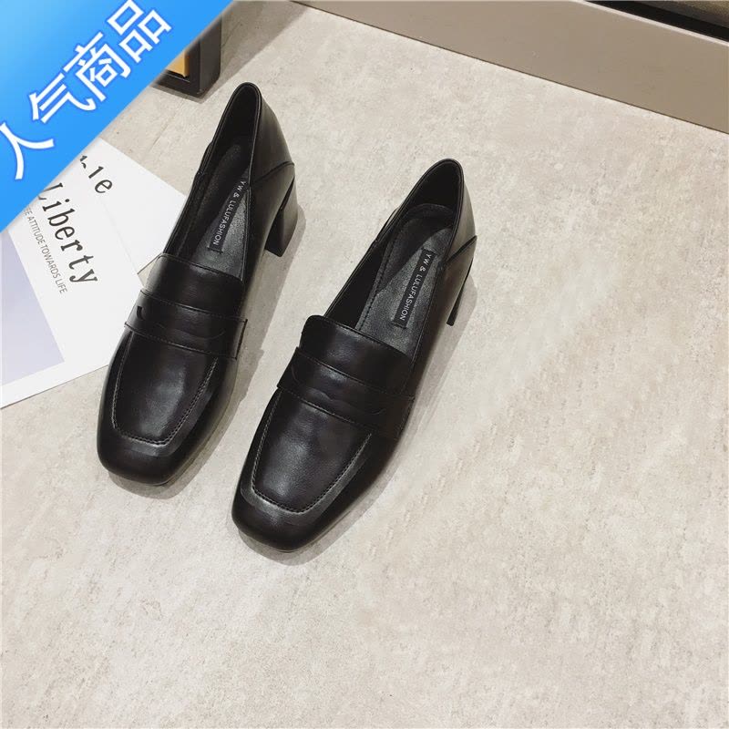 SUNTEK女乐福鞋2023年新款春秋季高跟方头一脚蹬中跟英伦粗跟单鞋小皮鞋图片
