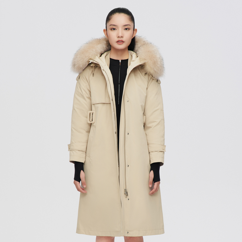 波司登女款派克服时尚宽松保暖中长款连帽羽绒服一衣三穿毛领大衣