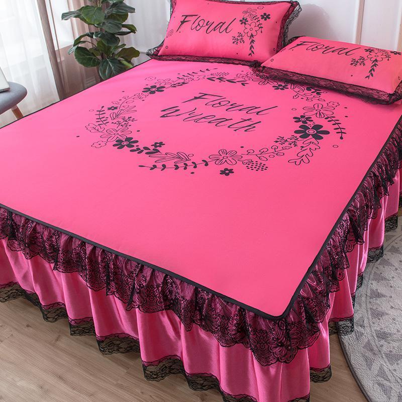 家柏饰(CORATED)夏天1.8m2.0床1.5米三件套冰丝凉席夏季可机洗折叠水洗床罩床裙款 梦境-玫红/凉感冰丝，光滑爽肤，凉而不冰，吸湿透气裸睡 1.5m（5英尺）床