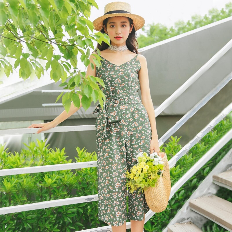 春季2018新款小清新时尚碎花吊带连体裤女蝴蝶结系带显瘦阔腿裤潮 5036#绿色 均码
