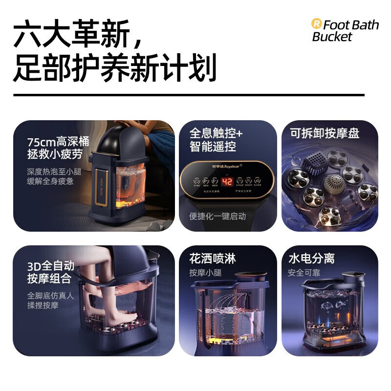 荣事达泡脚桶足浴盆全自动按摩泡脚盆恒温加热高深桶过膝洗脚盆送男女朋友父母老人礼物 [75CM高桶]高清大图