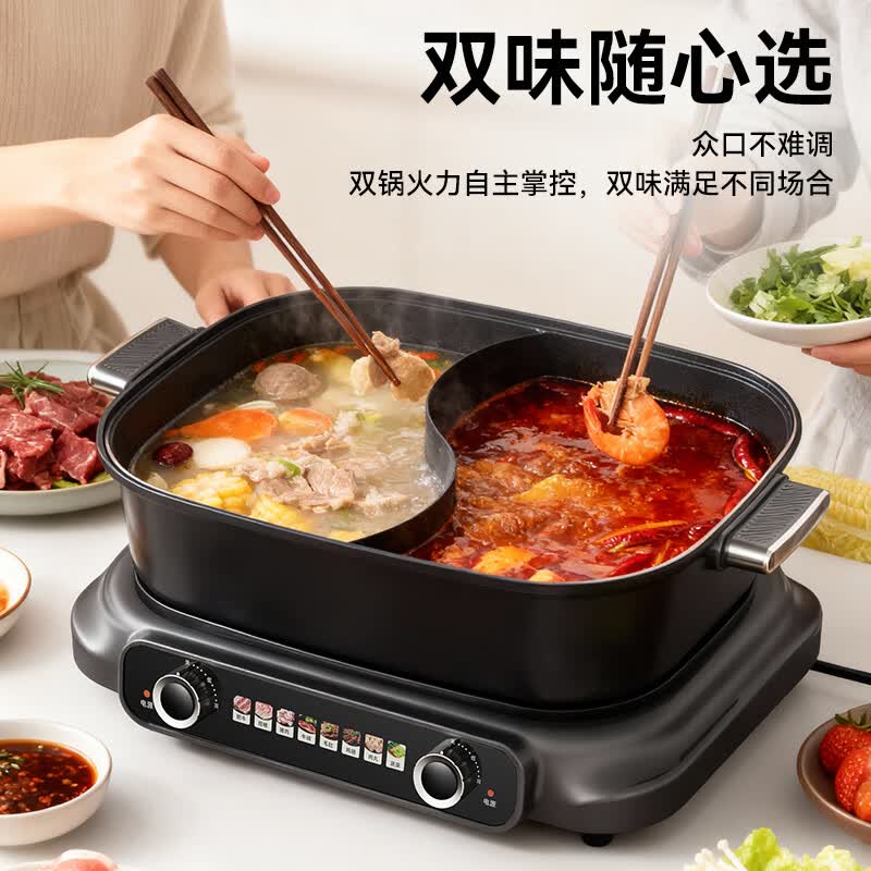 德世朗 多功能鸳鸯料理锅双区独立控温/2200W大功率/分体式设计/6.5L大容量 DDQ-HG129||高清大图