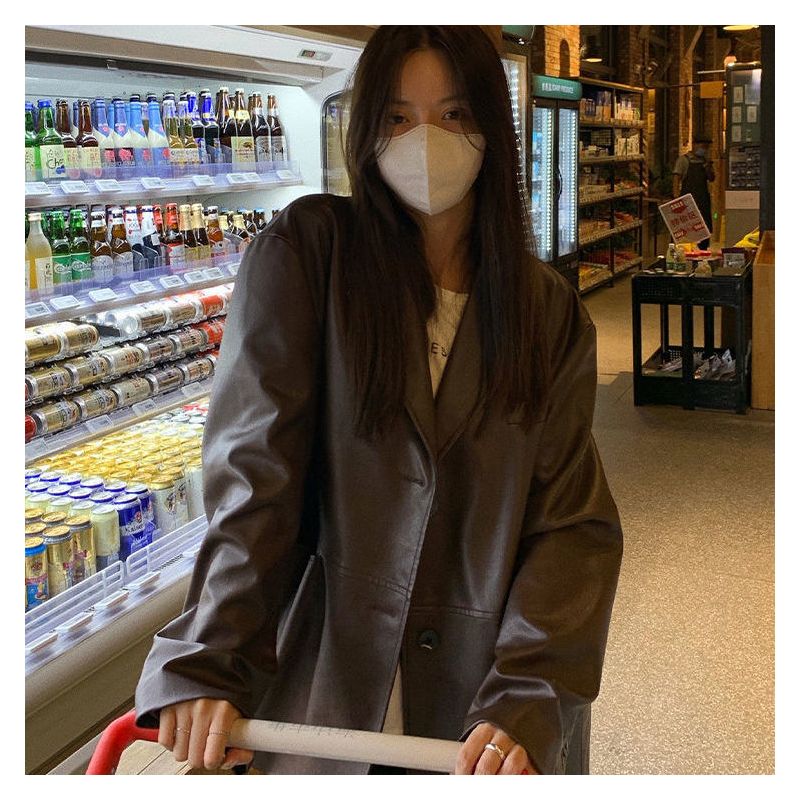 韩版皮衣西装女2021年秋季新款宽松百搭休闲pu皮夹克款外套ins潮15天内发货