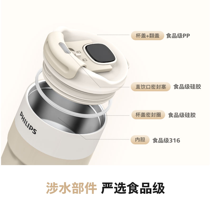 飞利浦可温显咖啡保温杯316L材质 AWP2560 乳白色400ml 单位:个