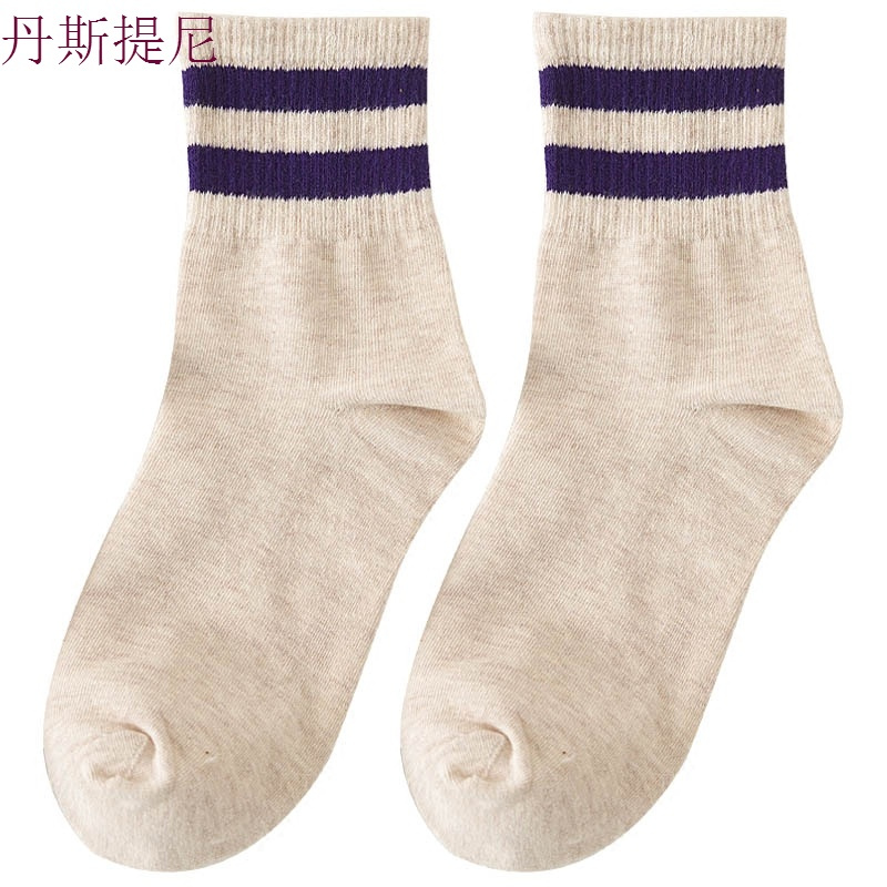 日系袜子女中筒袜韩版学院风二杠运动袜夏季纯棉复古百搭学生薄款