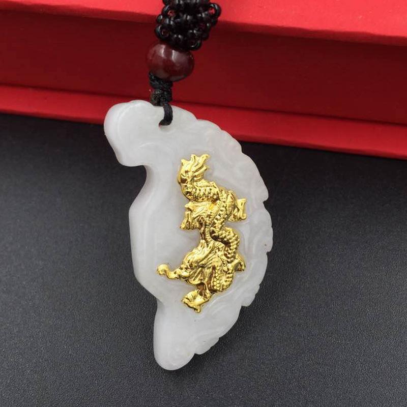 翡翠坠金镶玉颈链龙凤呈祥玉镶黄金玉佩PTJWX9428送女朋友七夕情人节礼物