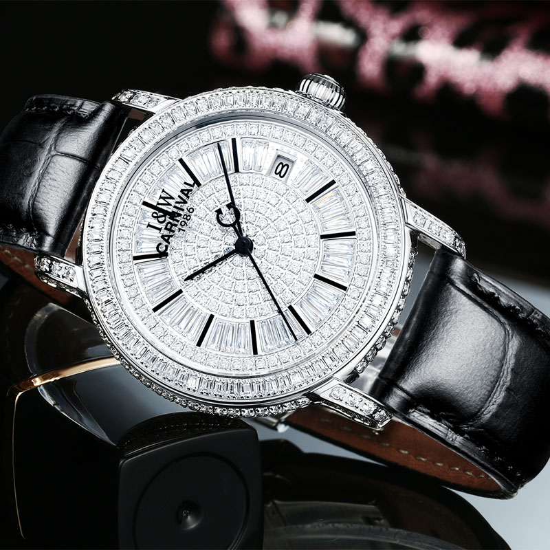 瑞士嘉年华Carnival进口机芯女士手表满天星全自动机械表 女镶钻牛皮表带休闲时尚女表防水真皮腕表8690高清大图