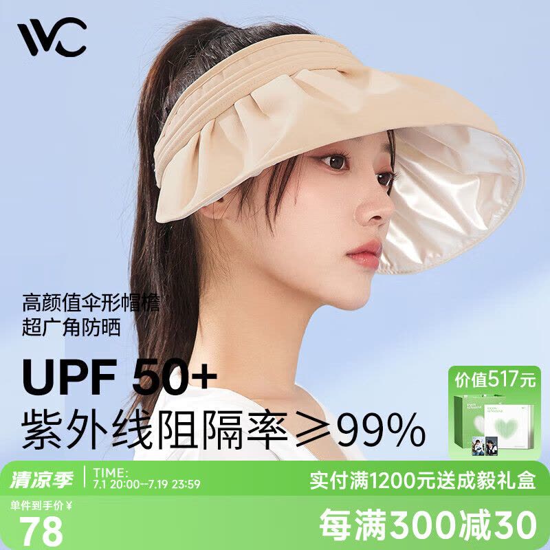 VVC成毅推荐防晒帽女遮阳帽空顶太阳帽子防紫外线大檐贝壳帽 冰川白图片