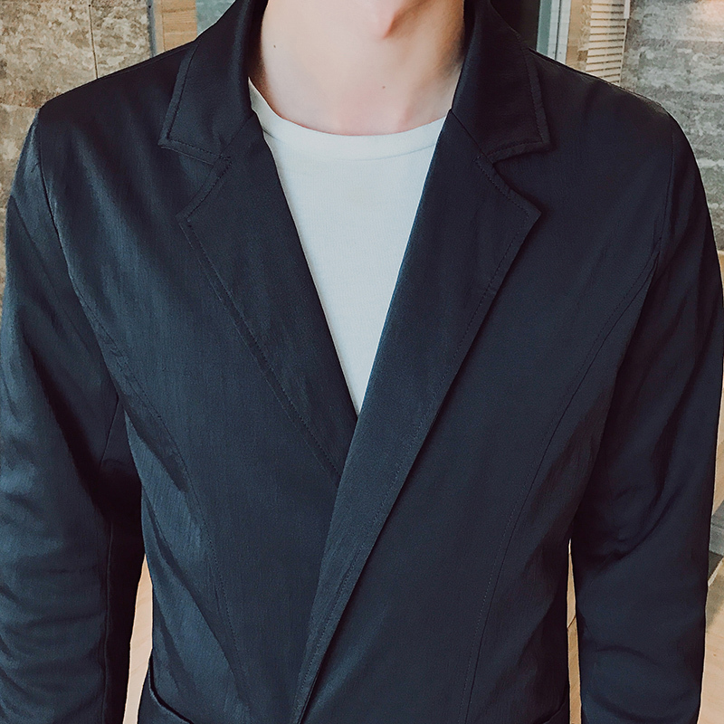 春夏新款男士风衣 2018年翻领休闲外套小西服青少年纯黑色夹克