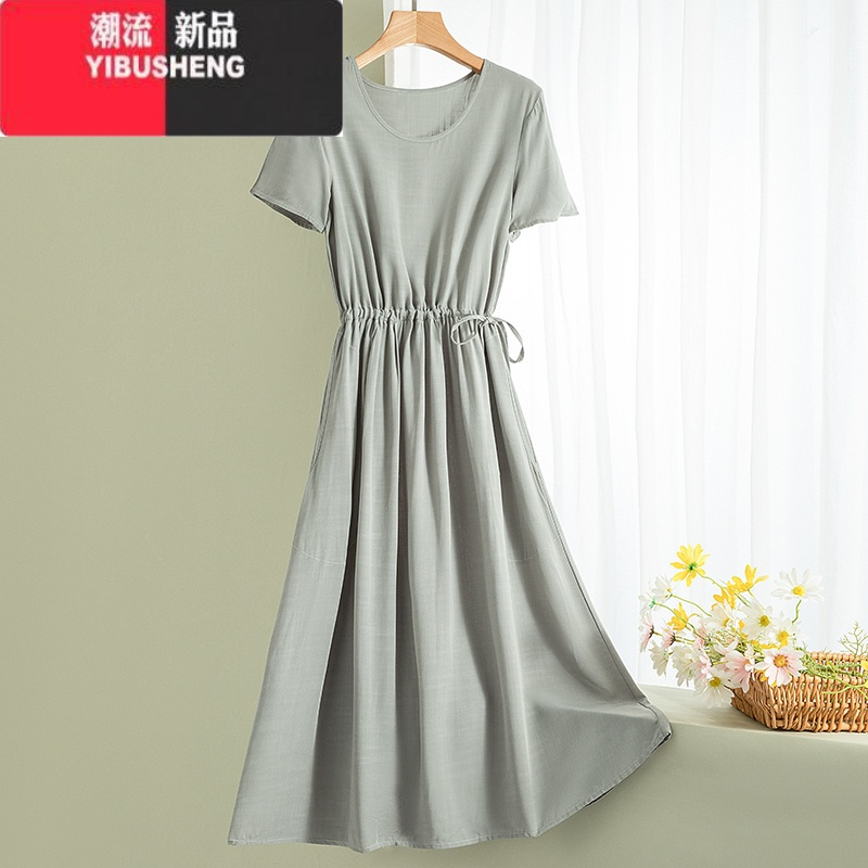 YIBUSHENG2024新款时尚棉绸季连衣裙系带纯色短袖小个子人造棉中长大摆裙