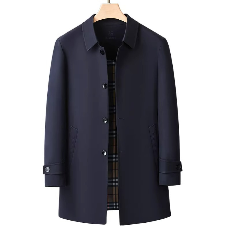 恒源祥男士风衣中长款翻领中老年春秋季高端桑蚕丝公务员夹克外套