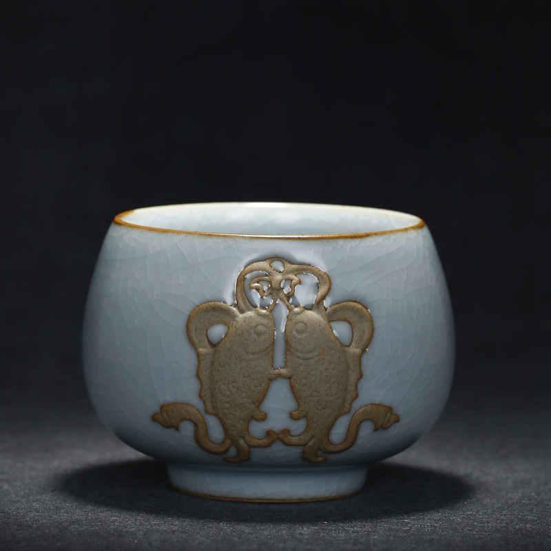 戴云品格 汝窑品茗杯茶碗手工茶杯主人杯 汝瓷单杯开片茶盏陶瓷茶具茶礼品 双鱼杯礼盒