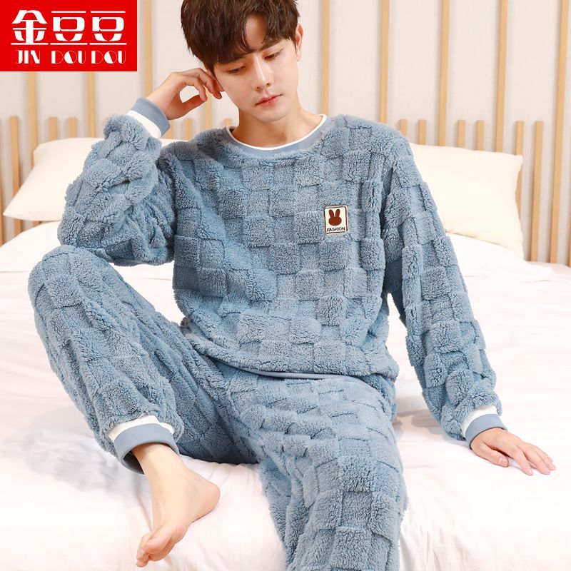 菠萝绒睡衣男秋冬韩版加厚加绒男士珊瑚绒冬天保暖套装长袖家居服_657 L码（建议90-120斤） 高档提花方格-套头涧石蓝【加厚】