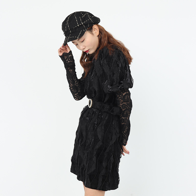 ENJOY’ME女装2019冬季新品性感蕾丝打底珍珠腰带丝绒套装连衣裙小黑裙