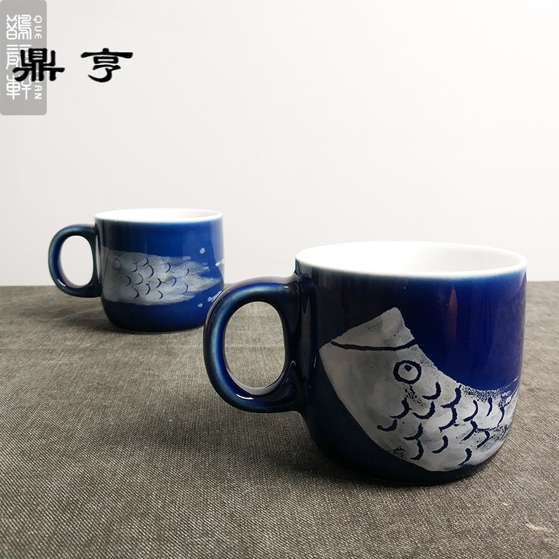 鼎亨蓝色咖啡杯手绘游鱼时尚小容量马克杯景德镇陶瓷日式小茶杯带