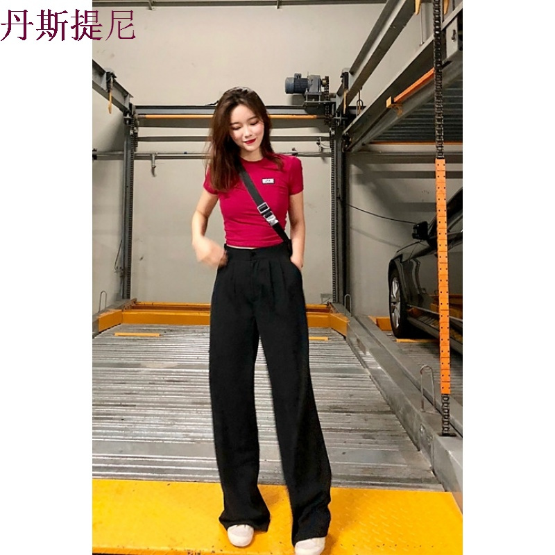 早秋韩版宽松黑色显瘦时尚拖地长裤女装夏季高腰阔腿直筒休闲裤子