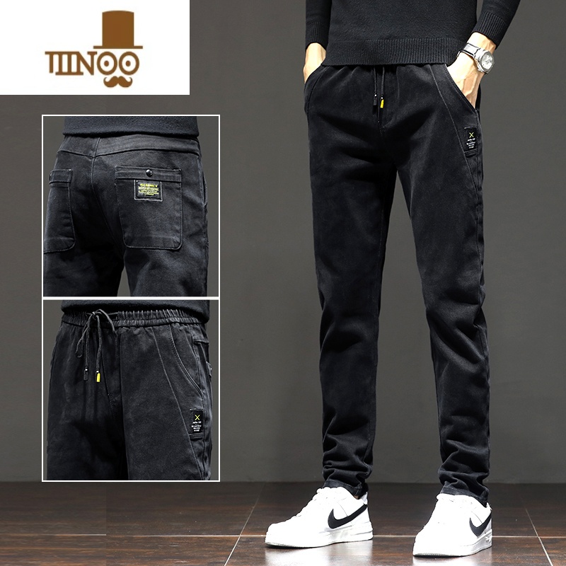 YANXU加绒加厚男士牛仔裤修身小脚款冬季直筒休闲保暖学生裤子男款高清大图