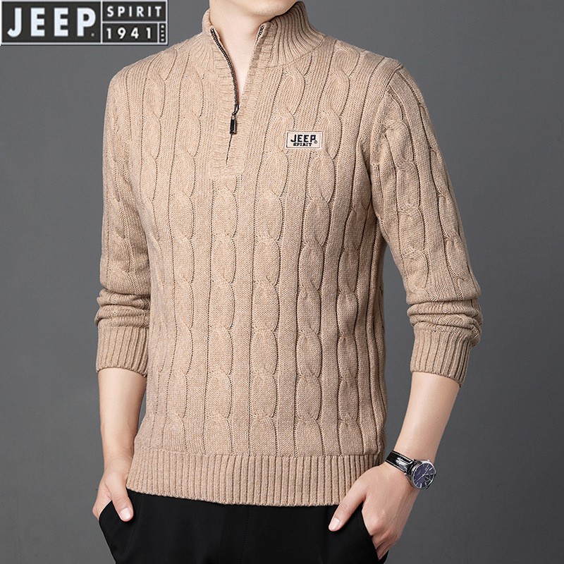 JEEP SPIRIT毛衣冬季新款半拉链加绒加厚保暖针织毛衣男高清大图