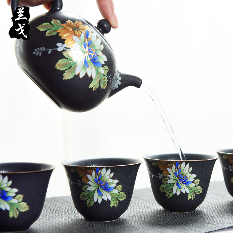 美帮汇整套功夫茶具套装 复古黑陶侧把壶承家用简约汝窑陶瓷礼品装高清大图