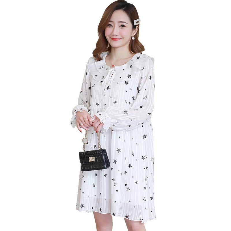 迪鲁奥(DILUAO)孕妇裙子2021春秋长袖上衣中长款女雪纺宽松A字裙秋装孕妇连衣裙 白色图片