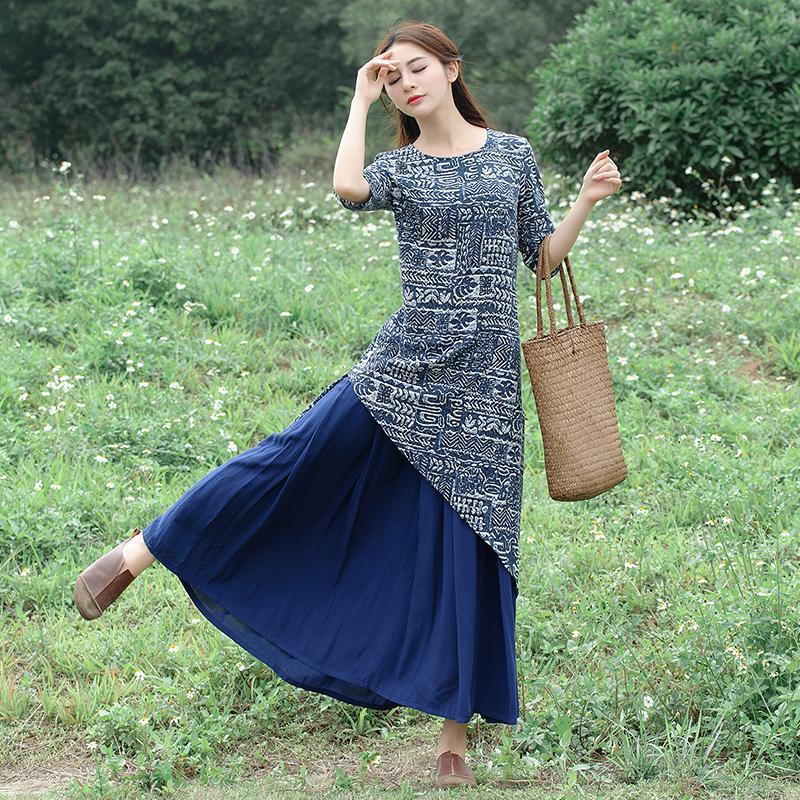 17新款假两件民族风棉麻连衣裙印花文艺蜡染长裙视频