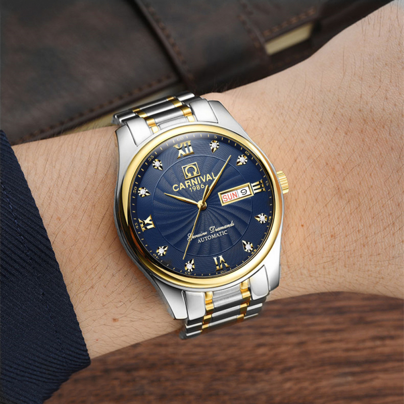 瑞士嘉年华Carnival正品新款手表全自动机械表 男表休闲时尚镶钻间金双日历手表男士防水金属腕表男士表8671高清大图