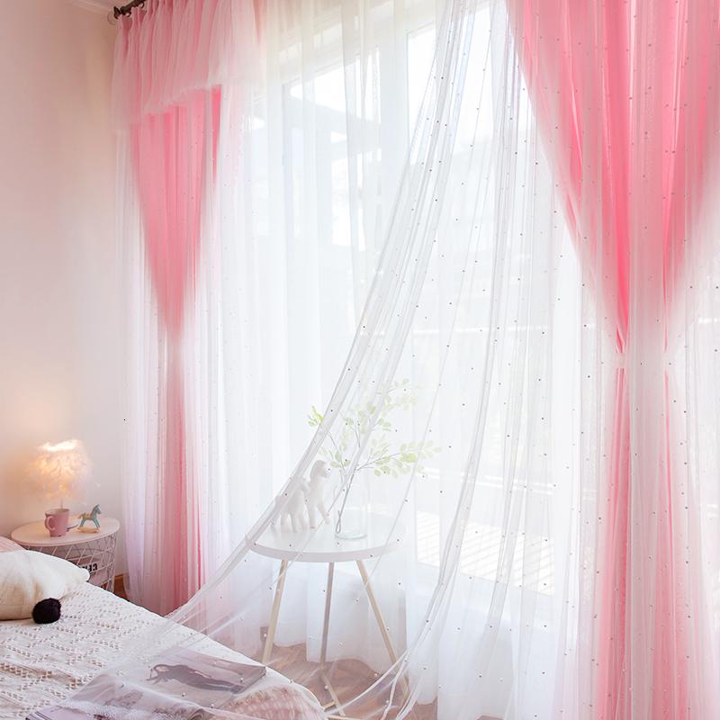 美帮汇2021现代简约镂空星星卧室全遮光公主风双层飘窗窗帘高清大图