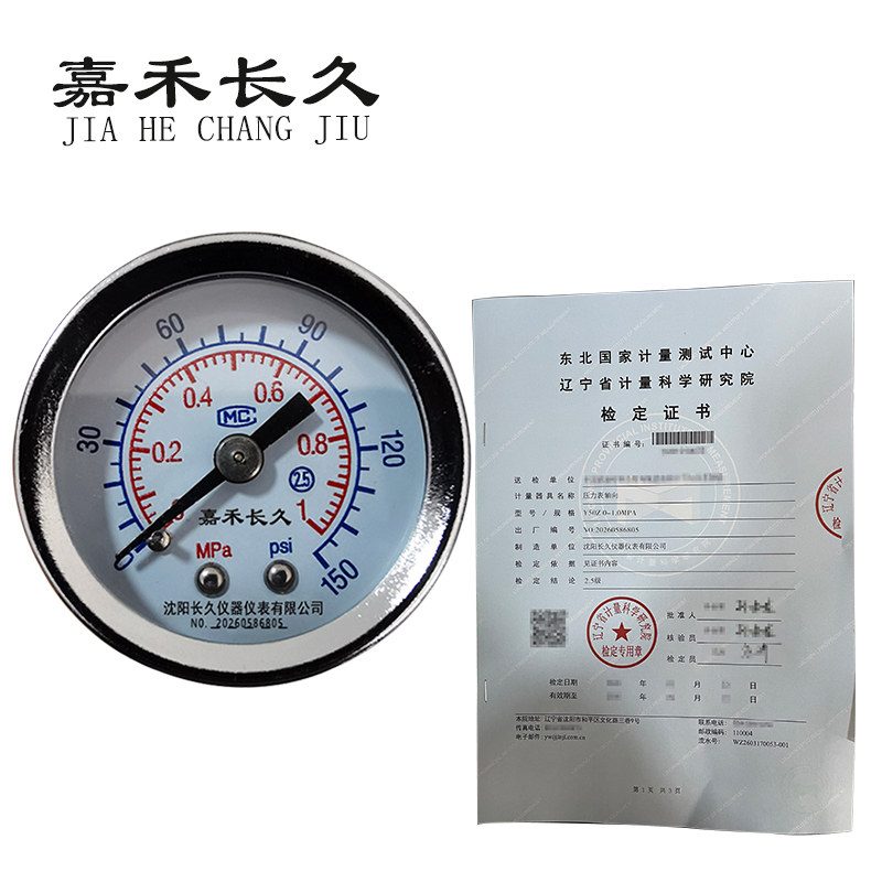 嘉禾长久 压力表轴向（带辽宁省级检定证书）Y50Z 块 Y50Z，0-1.0MPA