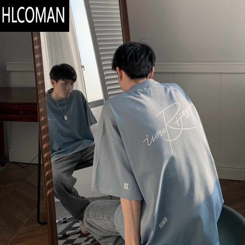 hlcomanoversize酒红色短袖t恤男夏季薄款潮牌简约设计感百搭宽松