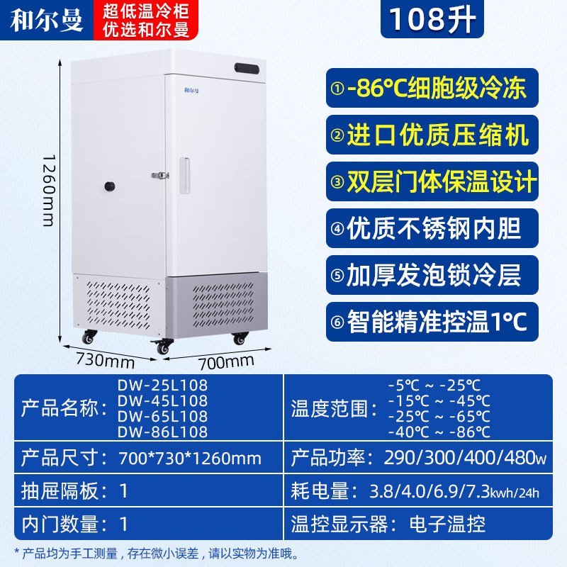 和尔曼 108升医用零下80度立式超低温冰箱冰柜-25°冷冻箱实验室专用 医院疫苗血浆药剂储存冷冻柜DW-25L108