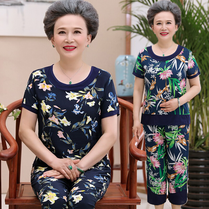 中老年人夏装套装女装60-70-80岁妈妈装T恤棉绸奶奶装短袖两件套