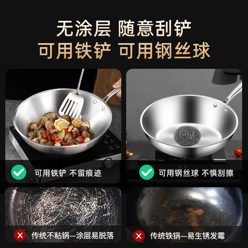 贝伦斯 炒锅304不锈钢炒菜锅 无涂层平底家用炒锅燃气灶电磁炉通用锅具32cm BLS-GECG32高清大图