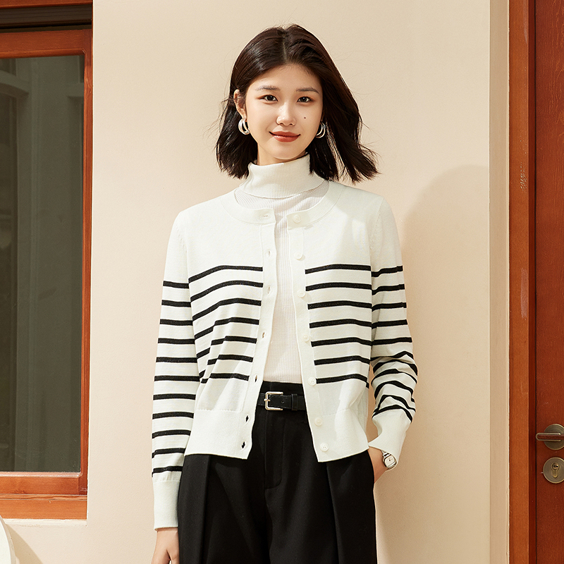 [含羊毛]恒源祥针织衫2024秋冬新款女士圆领条纹单排扣开衫